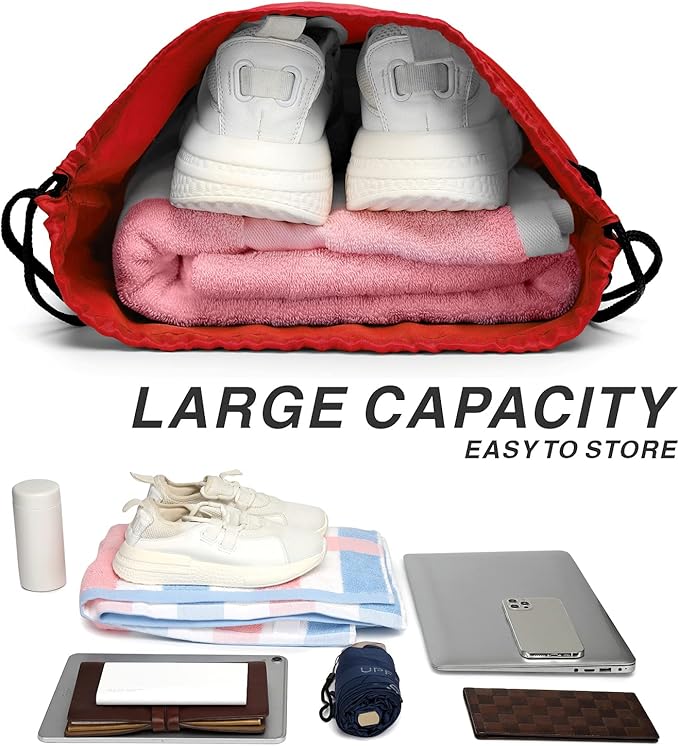 Drawstring Backpack Sports Water Resistant String Bag Sport Gym Sackpack for Women Men Large with Zipper, Red