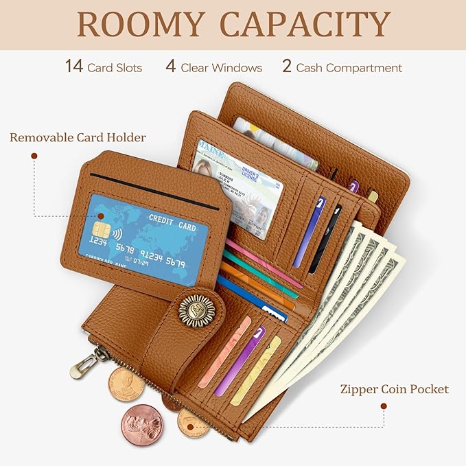 Icycay Beige Small Wallet Women RFID Blocking Bifold, Credit Card Holder, Zipper Coin Pocket, PU Leather, Compact, Travel, 4 ID Window, 14 Card Slots, Cash Purse, Ladies Woman Female Girls