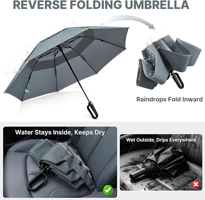 G4Free 46inch Ring Buckle Umbrella, Inverted Design with Carabiner Handle, Compact Travel Umbrella with Reflective Strip, Automatic Windproof for Rain