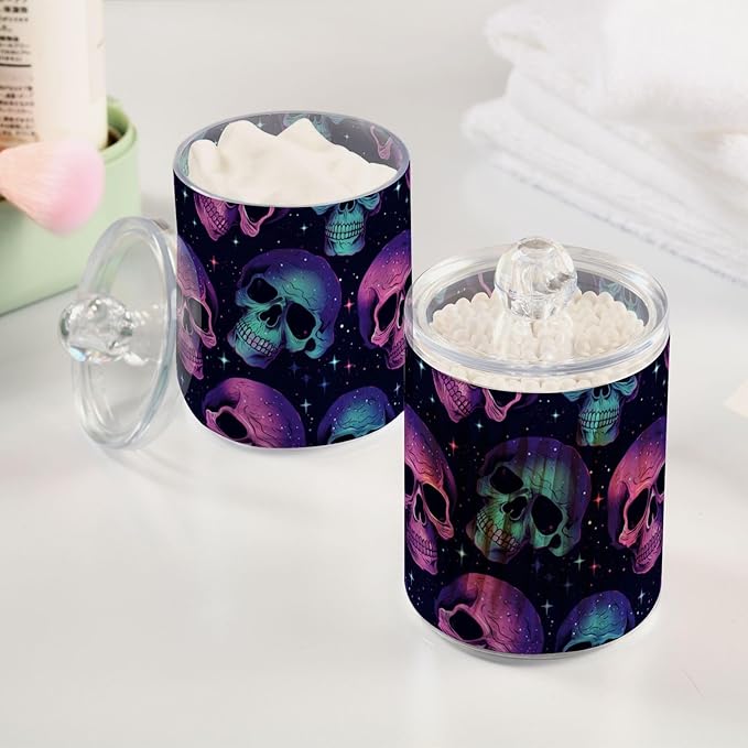 2 Pack Qtip Holder Organizer Dispenser Neon Skulls Bathroom Storage Canister Cotton Ball Holder Container for Cotton Pads/Swabs/Floss
