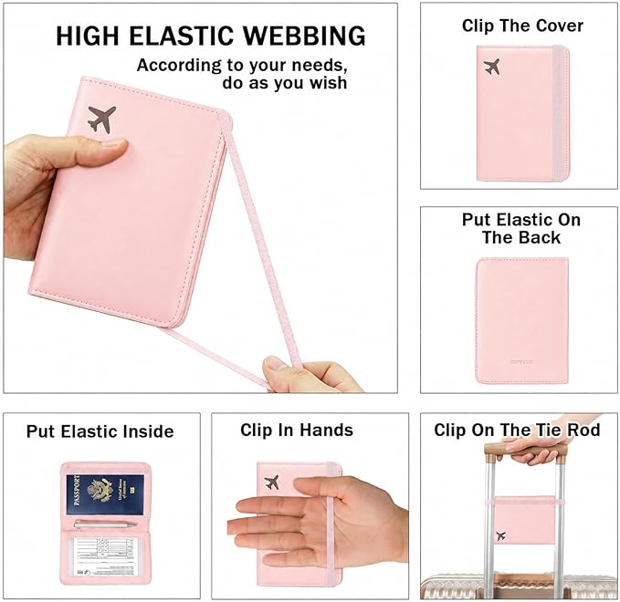 ZOPPEN RFID Blocking Passport Holder for Travel – PU Leather Waterproof Lightweight Passport Cover Wallet for Women Men, Travel Organizer with Card Slots for Airline Tickets & Passport Book, Pink