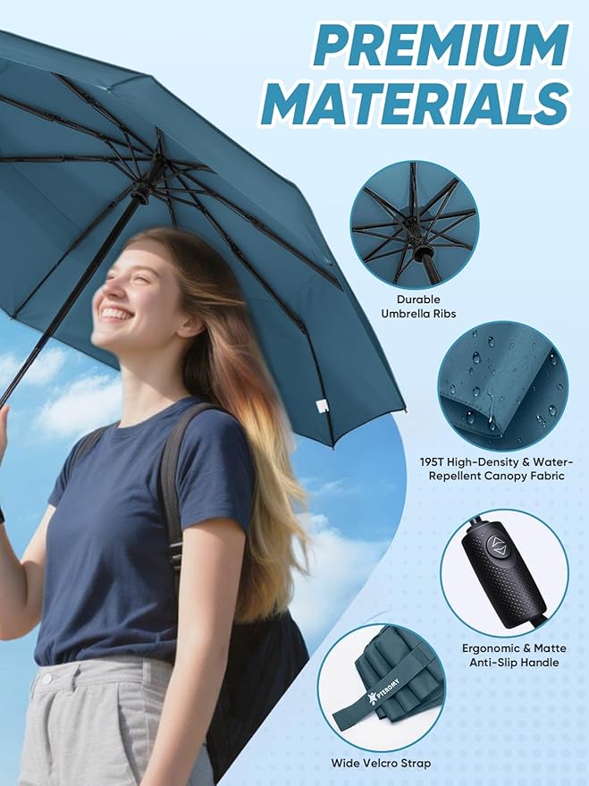 PTEROMY Windproof Travel Umbrellas for Rain and Sun, Withstands 85MPH Winds Auto Open Close Folding Umbrella with Ergonomic Handle, Quick Dry Canopy for Commuting or Backpack