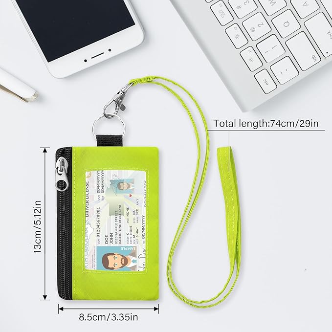 Minimalist RFID Wallet with Lanyard, Multi-Functional ID Case with 2 Zipper Pockets and Key Chain for Men and Women, Tactical Badge Pouch Cards Holder, Coin Purse for Travel Sports-BU+GN