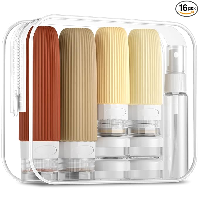Mrsdry 16 Pack Travel Bottles Set, TSA Approved Leak Proof Silicone Squeezable Containers for Toiletries, Refillable Travel Accessories for Conditioner, Shampoo, Lotion & Body Wash Accessories