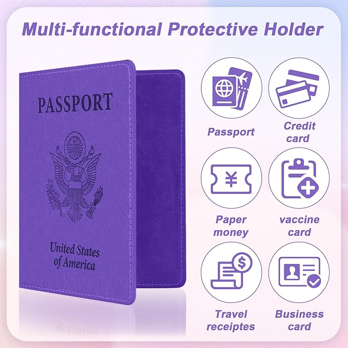 Passport Holder for Travel, 2 PCS Passport Holder, Travel Passport Holders Must Haves for Women Men, Pink and Purple Passport Cover Passport Wallet Case Holders for Travel Cruise Ship Essentials Gifts