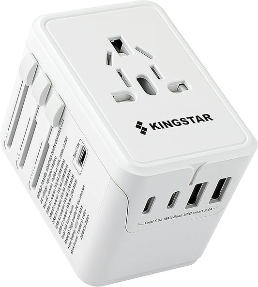 Universal International Plug Travel Adapter, 6 in 1 Wall Charger with 3 Type-C 5.8A 29W PD Fast Charging & 2 USB-A 5.8A & Multi AC Outlet Adaptor for USA EU UK AUS 200+ Countries