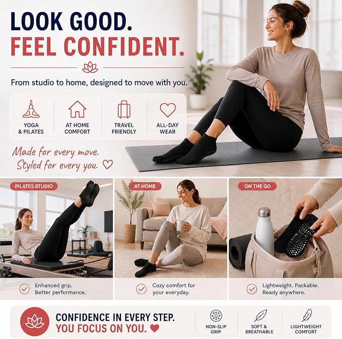 SB SOX Pilates Socks for Women (2 Pairs) - Non Slip Grip Socks for Yoga, Barre, Hospital - With Lite Compression