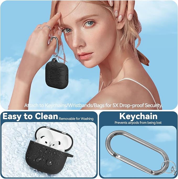 for Airpods 4 Case with Magnetic Lid, Ekoonpft Flower Engraved Cases for Apple AirPods 4th Generation 2024, Soft Silicone Cover for Women Girly with Cleaning Kit & Keychain, Shockproof