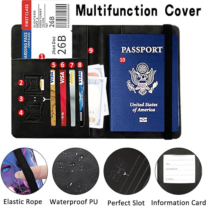 Passport Wallet, Passport Holder with RFID Blocking and Luggage Tag, Waterproof PU Leather Travel Documents Organizer Case, Passport Covers with Card Slot for Women & Men, Cat Girl Blue Neon Anime