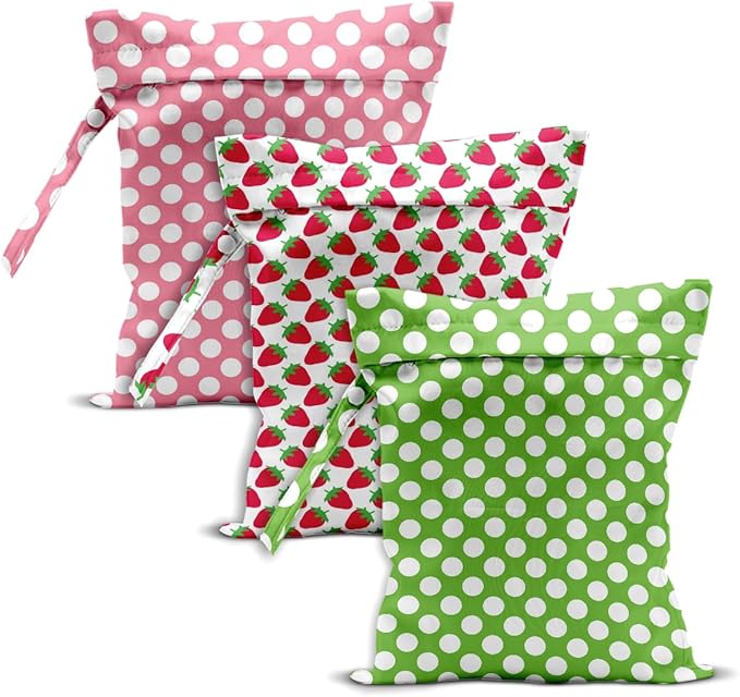 Polka Dot & Strawberry Wet Bag, 3 Pack, Washable Reusable Wet Dry Bag for Swimsuit, Dirty Clothes Diaper Travel Pool Gym Party Camping Toiletries Travel Beach Essentials, Strawberry Lover Gifts