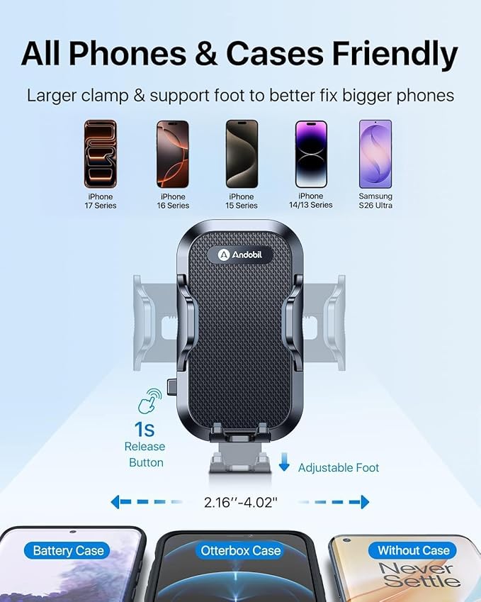 andobil Military-Grade Phone Holders for Your Car 【89+ LBS Strongest Suction & Metal Clip】 2026 Ultimate Car Phone Holder, Dashboard Windshield Vent Cell Phone Car Mount for iPhone Sumsung Android