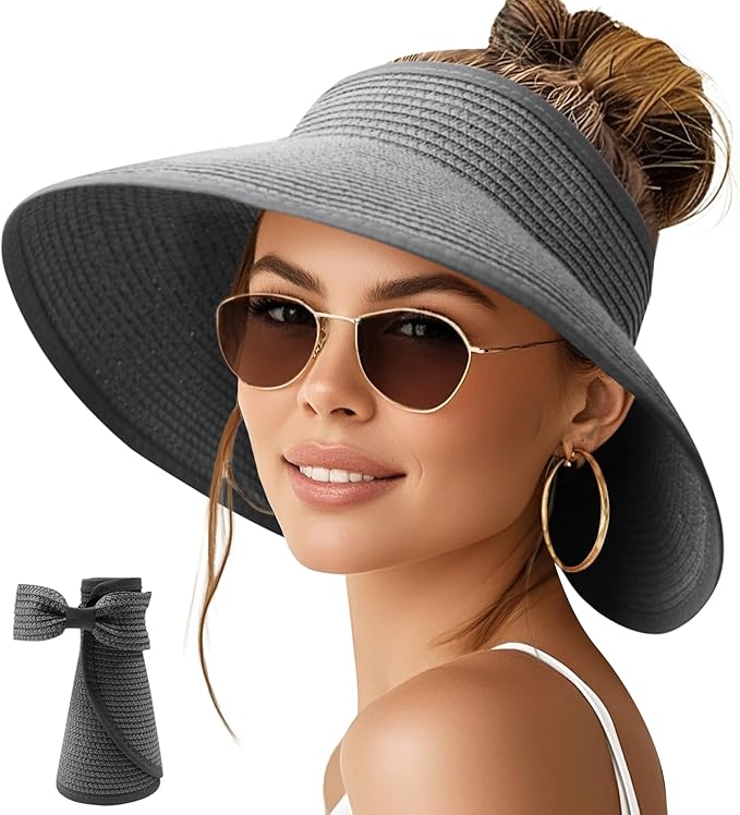 NPQQUAN Sun Visor Hats for Women Wide Brim Ponytail Straw Beach Hat Packable Foldable UPF 50+ Floppy Travel Hats