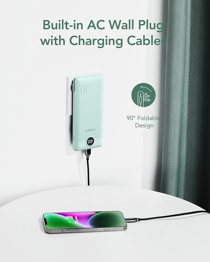 VEGER Portable Charger with Built-in AC Plug and Cables, All in One 10000mAh Ultra Slim Power Bank Emergency Fast Charging for Travel Battery Pack Compatible with iPhone, Samsung, Android, Green