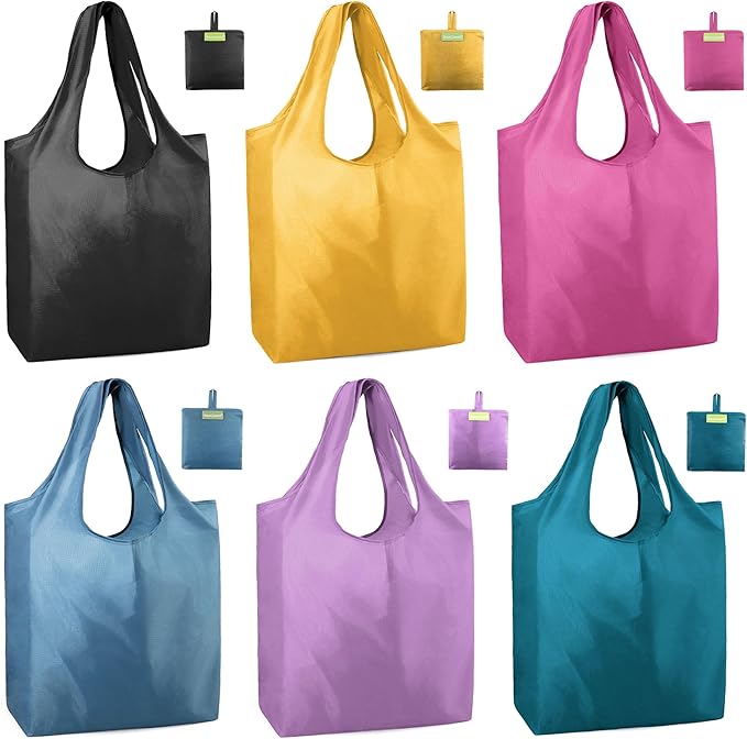 BeeGreen Colorful Reusable Shopping Bags Cute Grocery Bag 6 Pack, Christmas Gift Bags Heavy-Duty Foldable Shopping Totes for Supermarket, Work & Travel, Large Washable Polyester Tote Bag with Handles