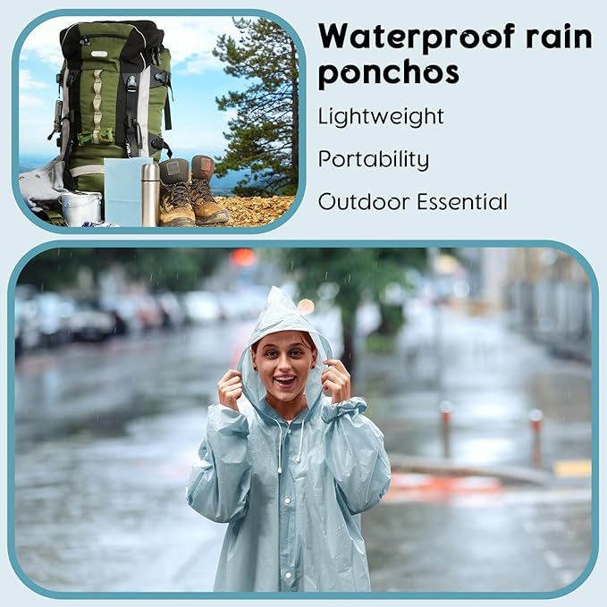 Rain Ponchos for Adults Reusable Rain Coats with Hood and Drawstring Thicken Ponchos Waterproof for Women(Blue Gray)