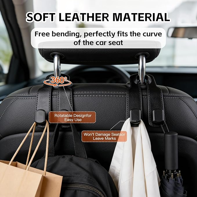 Car Seat Headrest Hooks for Purses and Bags, 4-Pack Heavy Duty Car Seat Hooks with Anti-Slip Pad, Universal Car Backseat Organizer Hanger Accessories for Grocery Bags (Black)