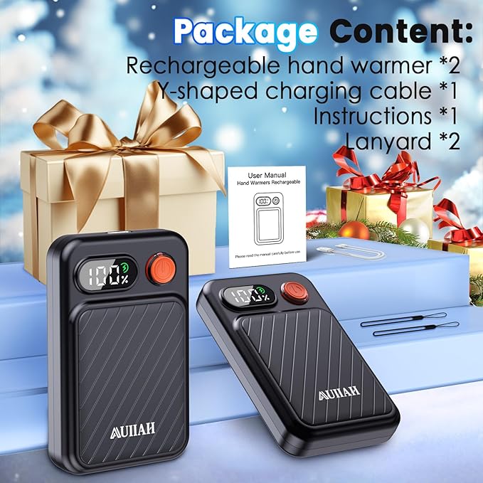 Hand Warmers Rechargeable 2 Pack - Electric Rechargeable Magnetic Hand Warmer with LED Display, 4 Heat Levels, Lanyards, USB, Gift for Men Women Kid, for Golf/Skiing/Camping/Hunting Essentials