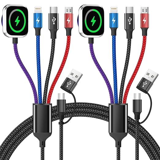 Travel 4 in 2 Multi Charging Cable for iWatch Charger/iPhone 17/IP, Life Essentials Multiple Charger Cord for iWatch Ultra/SE/11-2, iPhone 17-11, Galaxy S25-21, iPad (2PACK 5FT)
