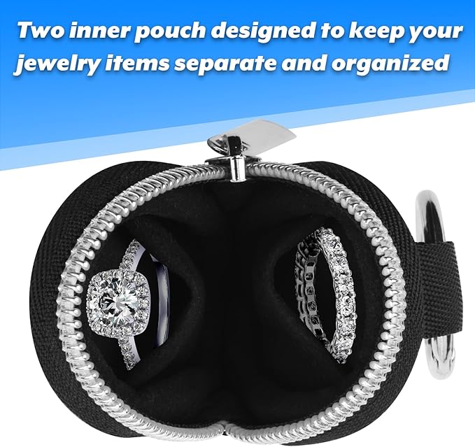 Homakover Portable Ring Organizer Case with Keychain, Traveling Ring Holder Storage Bag, Anti-Lost Keychain Container for Rings, Jewelry (1, Black)