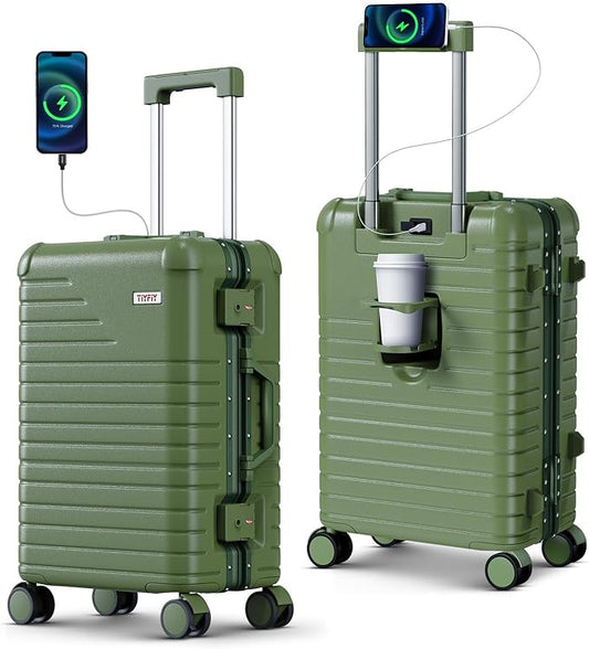 20 Inch Carry on Luggage with Cup Holder, Airline Approved 22x14x9 Aluminum Frame PC Hard Shell Suitcase, 360° Spinner Wheels, TSA Lock for Short Trips and Business Travel