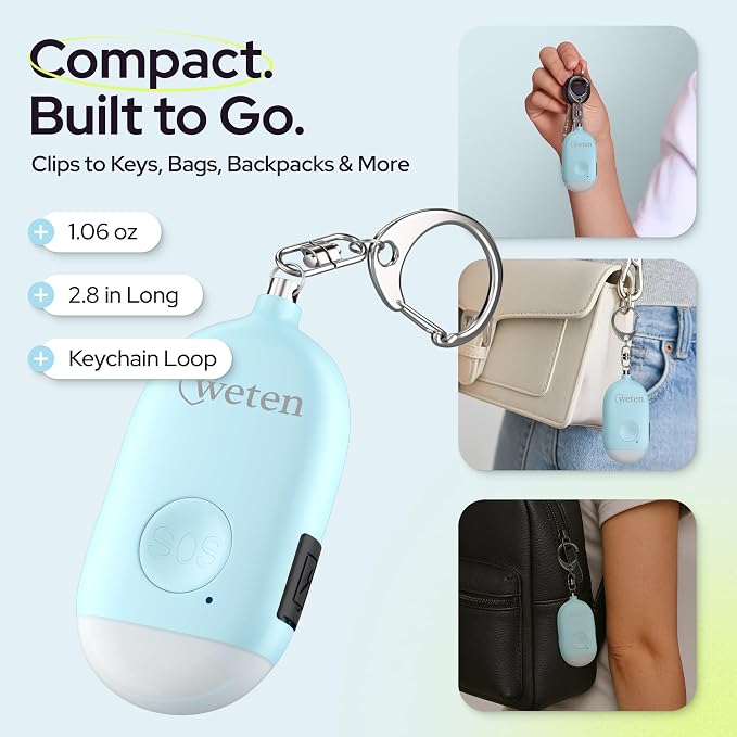 Weten Rechargeable Personal Alarm Keychain - 130dB Siren & LED Light - Stylish Personal Safety Alert for Women to Carry - Panic Button Alarm for Security - Rape Whistle for Self Defense (Blue)