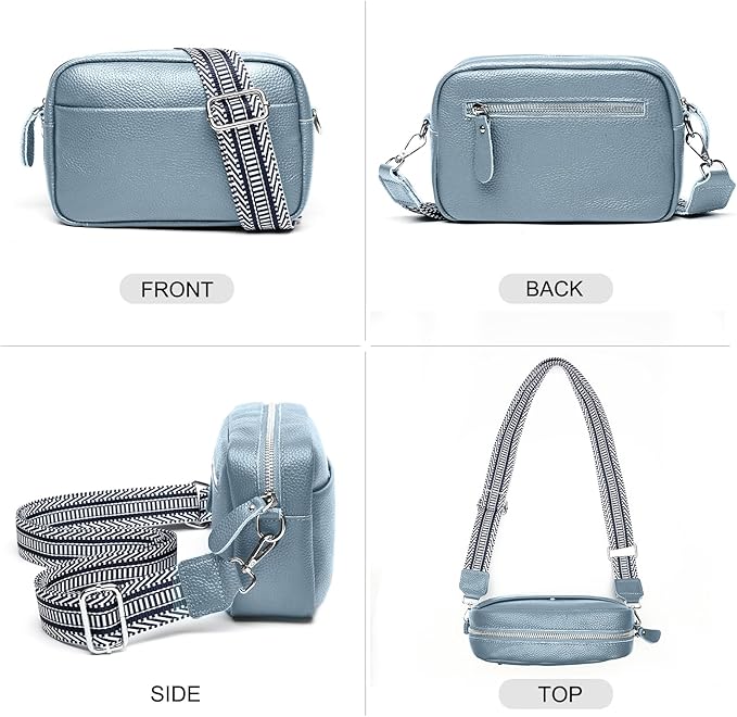 Small Crossbody Bags for Women Genuine Leather, Guitar Strap Shoulder Handbag Purse Camera Bag with Rfid Card Slots, blue