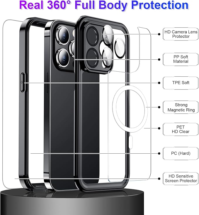 Compatible with iPhone 14 Pro Max Case Waterproof, Built-in Screen & Camera Protector IP68 Underwater Full Body 14FT Military Dropproof Shockproof Phone Case 6.7"-Black/Clear-Mag