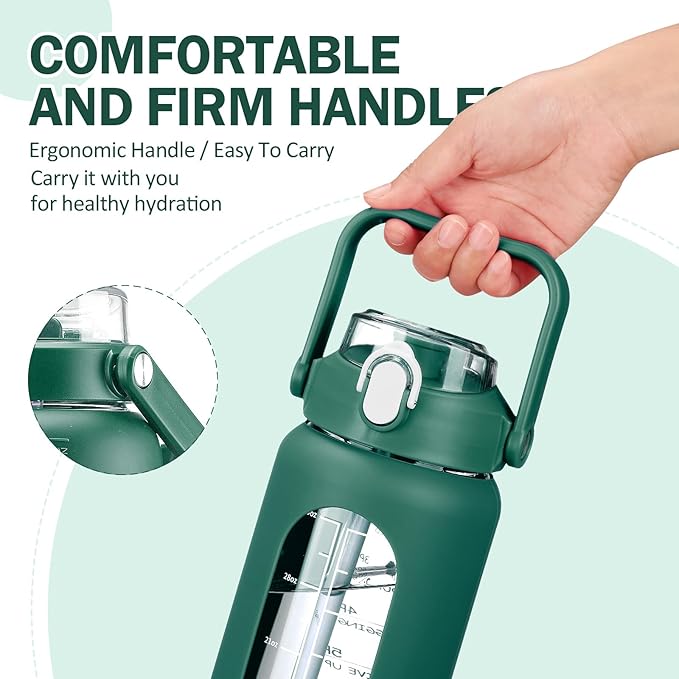 42oz Glass Water Bottles with Straw, Motivational Glass Bottle with Silicone Sleeve and Time Marker, Leakproof Large Glass Water Jug for Gym Home Office, Ink green