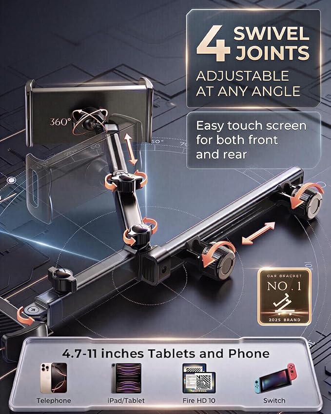Tablet Holder for Car, 3 in 1 Extension Arm Adjustable Car Headrest Tablet Holder Road Trip Essentials Back Seat Tablets Cars Mount Compatible with iPad Pro, Air, Mini, 4.7-11" Devices