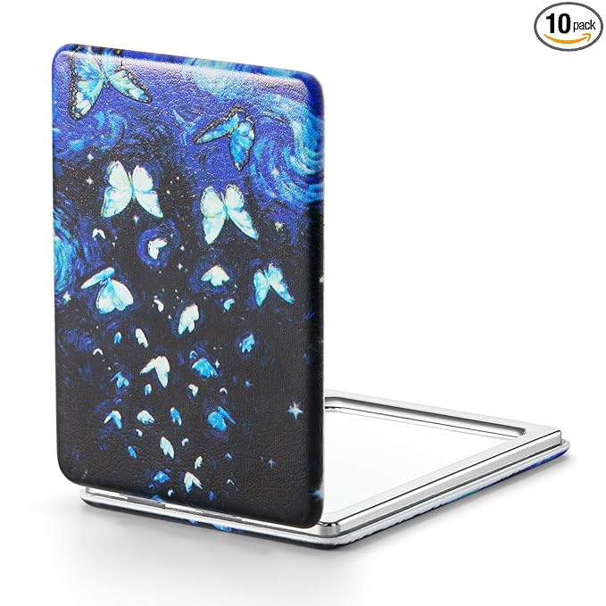 OMIRO 1X/3X Magnifying Mirror, Unique Painting Compact Mirror with Classical PU Leather, 2.4" W x 3.4" L (Butterfly)