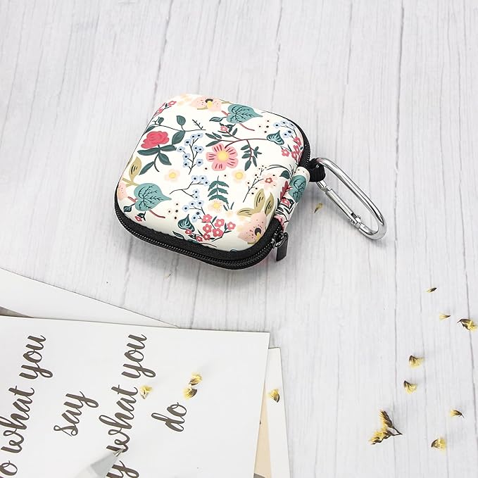 Earbud Case,Headphone Organizer Earbud Storage Bag, Hard EVA Shockproof Cover Carrying Case with Carabiner Clip Compatible with AirPods 4 AirPods Pro 2nd /3/2/1 Bose Galaxy Buds (Flower)