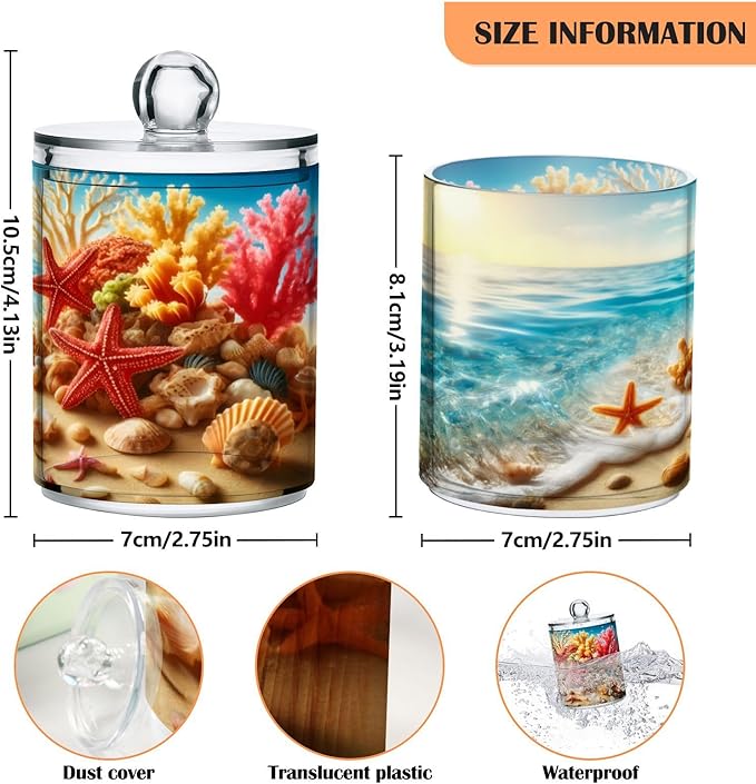 2 Pack Qtip Holder Organizer Dispenser Starfish Coral Seashell Summer Beach Bathroom Storage Canister Cotton Ball Holder Container for Cotton Pads/Swabs/Floss