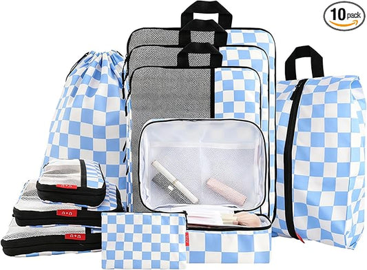 U+U 10 Set Compression Packing Cubes - Ultralight Travel Organizers with Laundry Bag and Cosmetic Bag, Space-Saving Suitcase Organizer for Travel, Business Trip and Family Vacation (Blue Checkered)