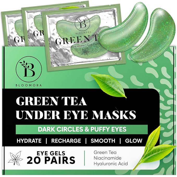 BLOOMORA Green Tea Under Eye Patches (20 Pairs) - Dark Circles & Puffiness Care - Hydrating Eye Mask for Dark Circles and Puffiness