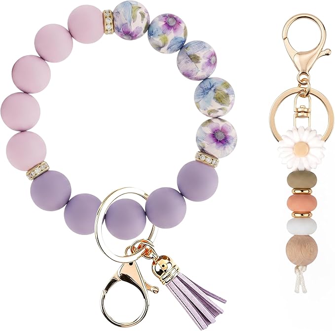 2PCS Bracelet Key Ring Set, Cute Car Key chain Wristlet, Silicone Beaded Bangle keyChains for Women Girls