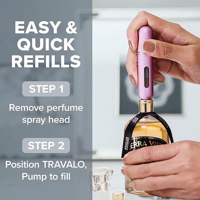 Travalo Classic HD Perfume Atomizer - Leak-Proof and TSA Approved for Air Travel - Reusable, Airtight, Easy-Fill Mini Pump Sprayer - Lightweight, Elegant Design w/Volume Window - Perfect Pink 0.17oz