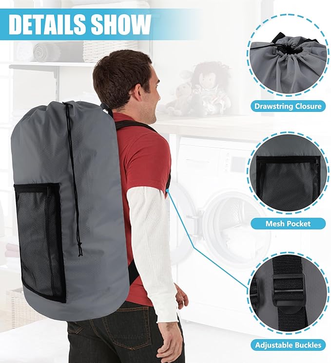 Olosar Laundry Bag Backpack, Extra Large Travel Laundry Bag with Mesh Pocket & Adjustable Shoulder Straps,Dirty Clothes Travel Bag for College Students Dorm,Apartment(Grey)