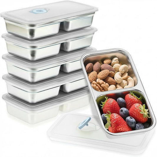 Stainless Steel Snack Containers, 6-Pack Reusable Grab and Go Containers with Lids, Dual Compartment Bento Box for Travel, Camping & Lunch Prep (Grey)