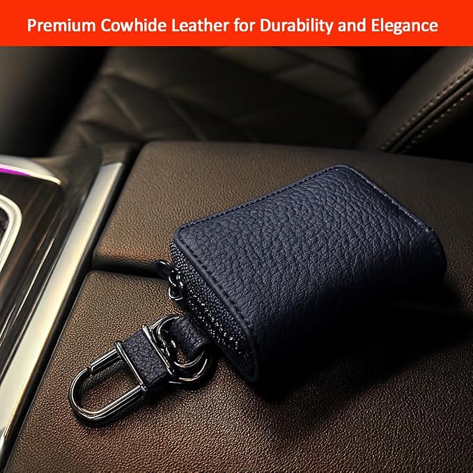 Leather Car Key Case with Zipper, Compact Smart Key Fob Holder with Keychain, Portable Car Key Organizer Pouch
