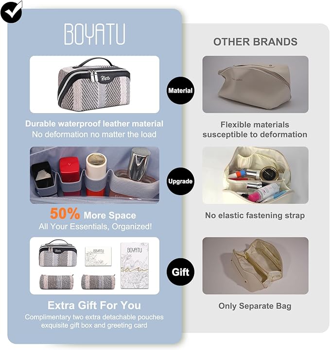 BOYATU Travel Makeup Bag Cosmetic Bag for Women: 3 Pcs Set Make up Bag with Compartments - Waterproof Vegan Leather Toiletry Bags with Handle - Makeup Organizer for Travel Essentials(C-4-Black)