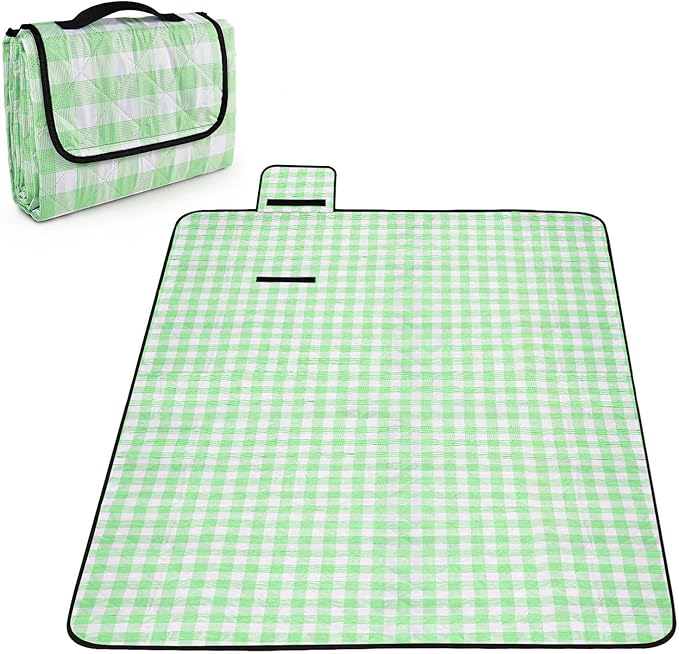 OBTANIM Extra Large Picnic Blanket 60 x 80 Inch Waterproof Foldable Beach Blankets Outdoor Picnic Mat for Camping Grass Lawn Park Music Festival Party Accessories (Green and White)