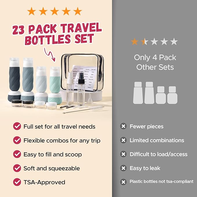 23 Pack TSA Approved Travel Bottles for Toiletries, Leak Proof Refillable Travel Size Containers Kit with Silicone Squeezable Bottles Jars for Shampoo Lotion Conditioner, in Clear Bag, Gray