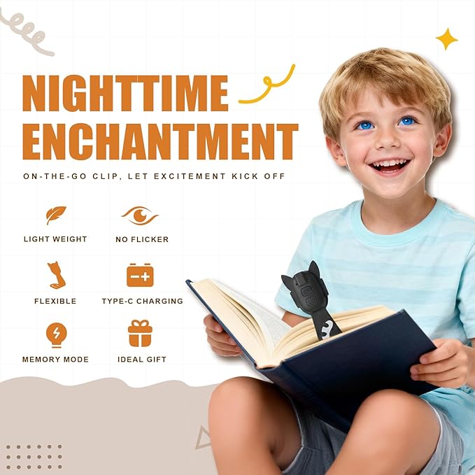 Rechargeable Kids Book Light, Cute Bookmark Reading Light for Kids, Dimmable Portable LED Book Light for Reading in Bed, Eye-Caring Bedtime Reading Lamp for Children & Travel, Black&Grey