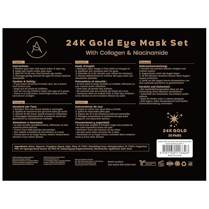AURAE 24K Gold Under Eye Patches (30 Pairs) - Eye Mask for Dark Circles, Puffiness & Wrinkles - Hydrating Treatment for a Revitalized Look