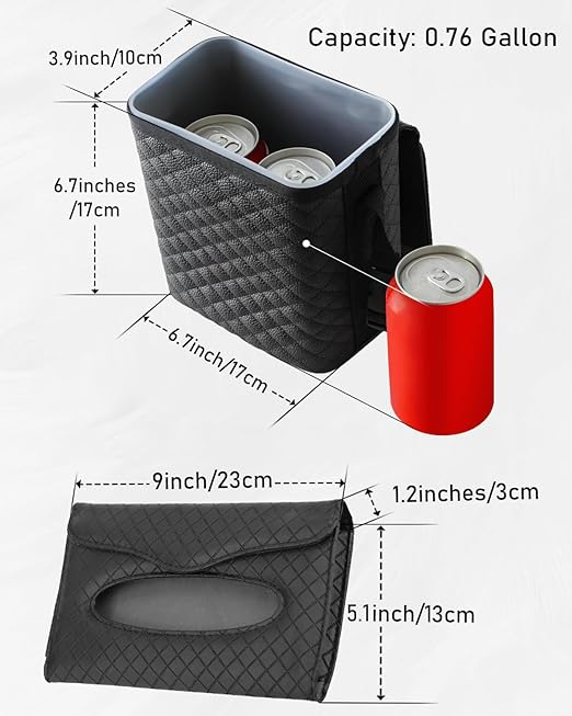 BELINOUS Leather Car Trash Can with Matching Tissue Holder, Waterproof and Leakproof Mini Car Trash Can with Lid, Small Garbage Bin with Adjustable Strap