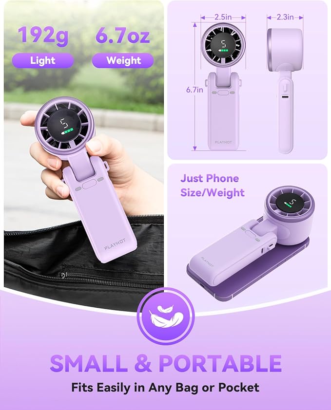 PlayHot Portable Handheld Turbo Fan, 5-Speed Personal Fan, USB-C Rechargeable Fan Up to 12 Hours, 3 IN 1 Hand Fan with Air Turbo Tech Cooling, Travel Fan for Cruise, Beach, Gifts for Women(Purple)