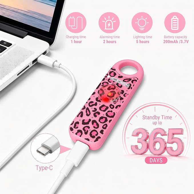Rechargeable Personal Safety Alarm, 130dB Emergency Siren with LED Flashlight, Portable Keychain for Women, Kids, Elderly, Night Running & Travel (Cheetah)