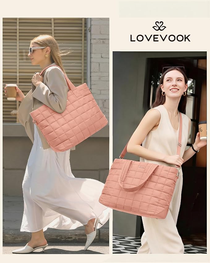 LOVEVOOK Laptop Tote Bag for Women, 15.6 Inch Large Puffer Work Computer Tote Bags for Teacher Nurse, Quilted Women's Purse Tote Shoulder Handbags with Zipper for Travel College Office Gym, Dark Pink