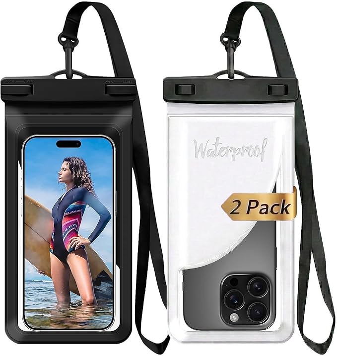 Waterproof Phone Case, with Inside Card Bag, Waterproof Phone Pouch for iPhone, Cell Phone Dry Bag for Cruise Travel Vacation Accessories Large Phone Holder, 2 Pack-Black+White