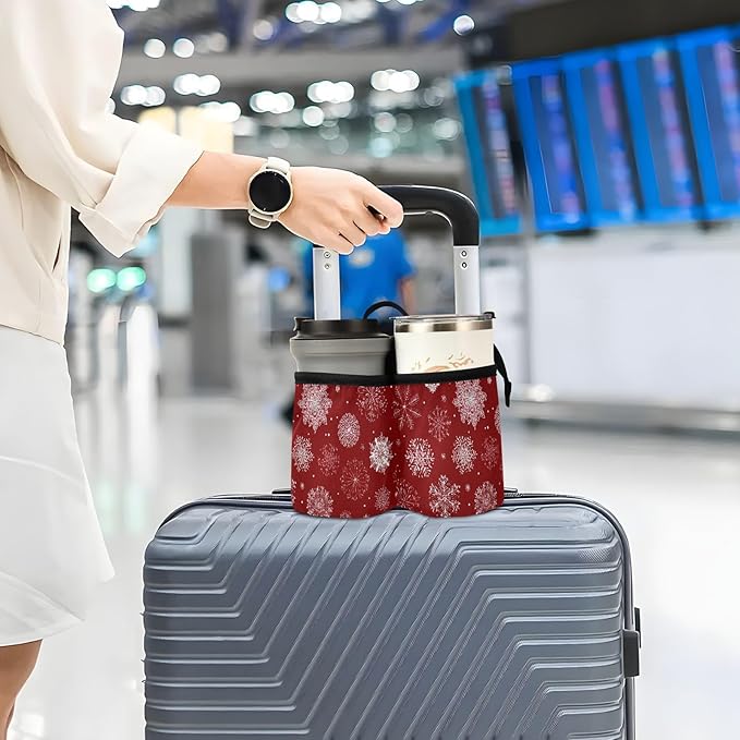 Luggage Cup Holder for Suitcases Free Hands Suitcase Cup Holder Travel Luggage Drink Holder Portable Luggage Cup Caddy Bag Carrier with Handle Red Christmas Snowflakes